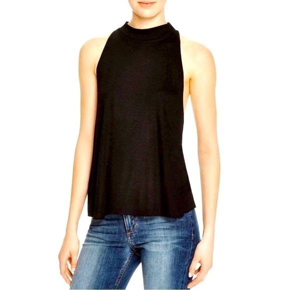 Aqua Tops - Aqua Black Ribbed Mock Neck Tank Top Size Large